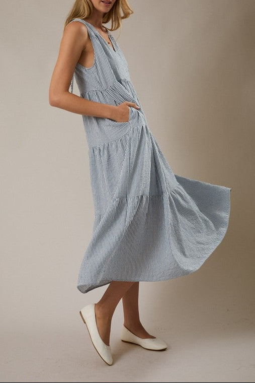 V-Neck Sleeveless Tiered Stripe Maxi Dress – Blue & White | Gilli