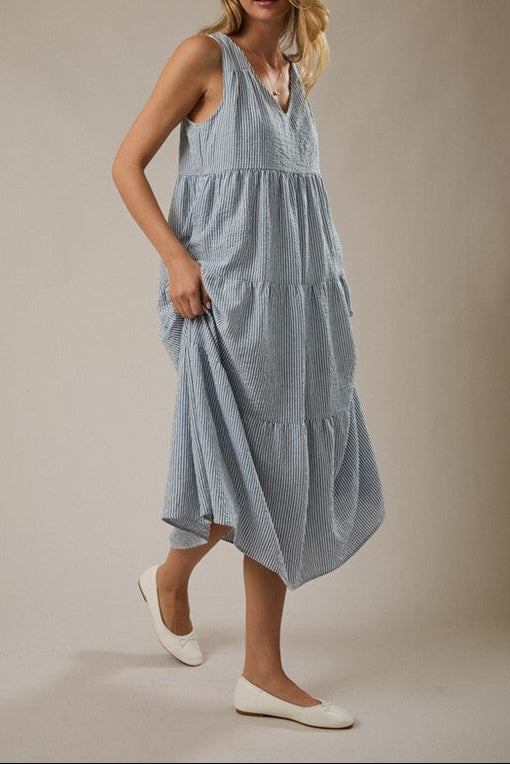 V-Neck Sleeveless Tiered Stripe Maxi Dress – Blue & White | Gilli