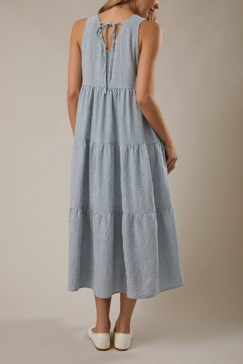 V-Neck Sleeveless Tiered Stripe Maxi Dress – Blue & White | Gilli