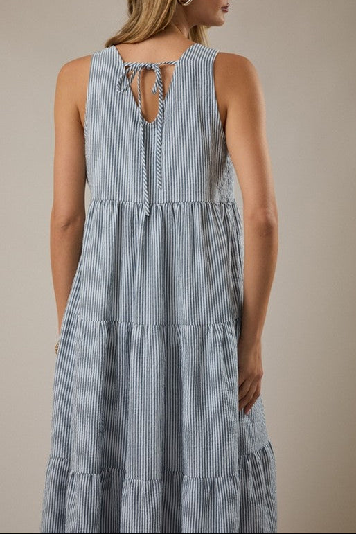 V-Neck Sleeveless Tiered Stripe Maxi Dress – Blue & White | Gilli