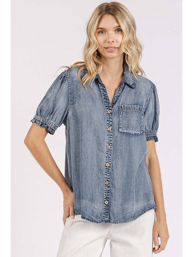 Washed Chambray Puff Sleeve Button-Up Shirt – Indigo | mittoshop