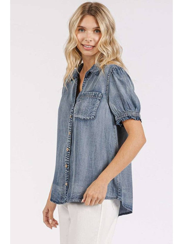 Washed Chambray Puff Sleeve Button-Up Shirt – Indigo | mittoshop