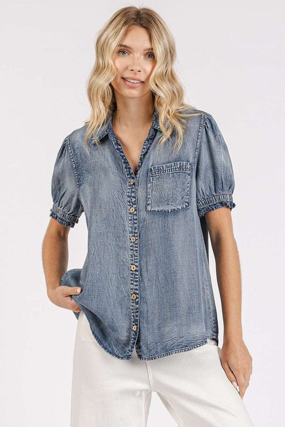 Washed Chambray Puff Sleeve Button-Up Shirt – Indigo | mittoshop