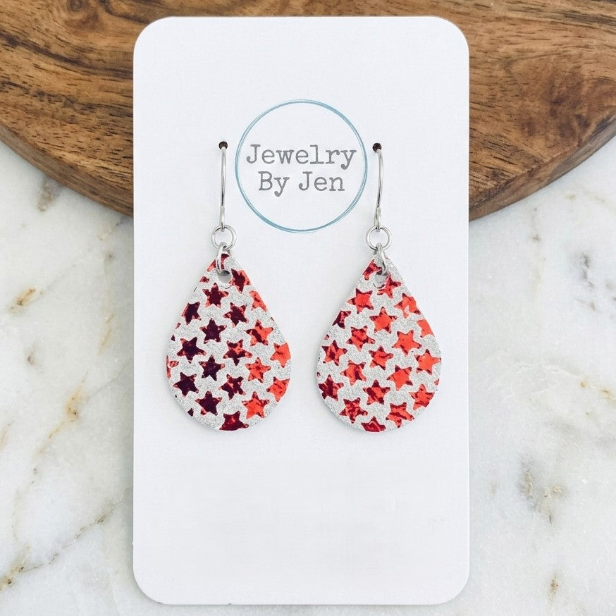 Red Stars on White Suede Leather Teardrop Earrings | Jewelry By Jen